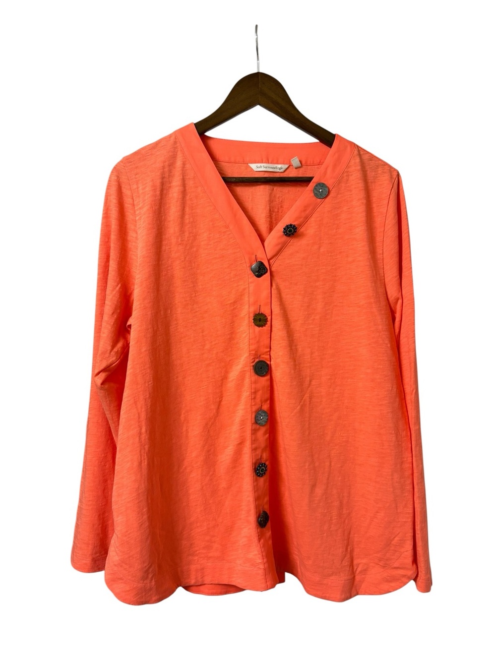 Soft Surroundings coral orange Delia knit front mixed buttons summer shirt Large
